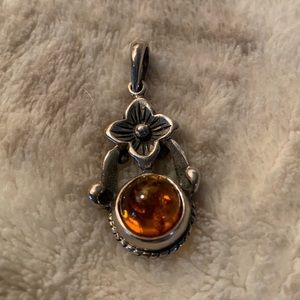 Amber Sterling Silver Flower Pendant